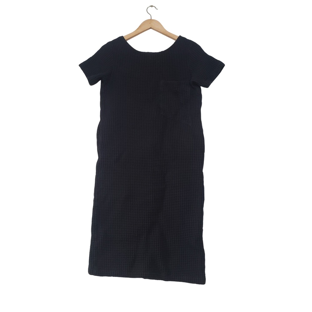 Meg Collection Waffle Knit Dress Womens Medium‎ Black Cotton Pocket Midi Shift